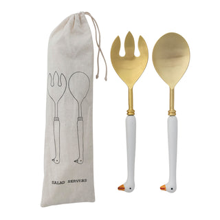 Stainless Steel Salad Servers with Goose Shaped Handles, Set of 2 in Drawstring Bag