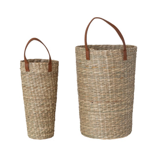 Hand-Woven Seagrass Baskets with Faux Leather Handle, Natural, Set of 2 (Hangs or Sits)
