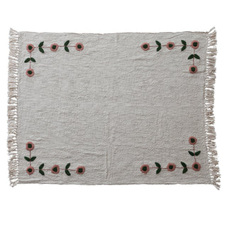 60"L x 50"W Woven Cotton Slub Throw with Hand-Embroidered Flowers & Fringe