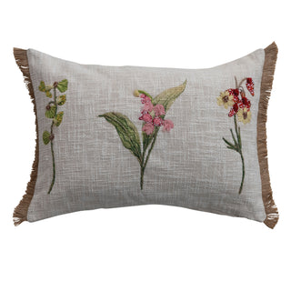 Cotton Slub Lumbar Pillow with Botanicals, Embroidery, Beads & Jute Eyelash Fringe
