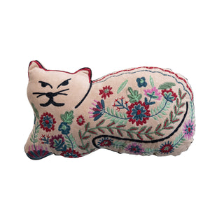 Cotton Velvet Cat Shaped Pillow with Botanicals & Embroidery