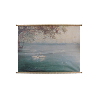 Carved Wood & Canvas Scroll Wall Decor with Swans, Distressed Finish