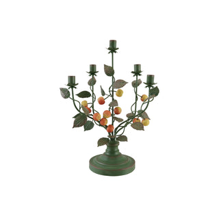 Hand-Painted Metal Vintage Reproduction Toleware Candelabra with Crabapples (Holds 5 Tapers)