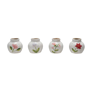 Hand-Painted Stoneware Vase with Flower, 4 Styles (Each One Will Vary)