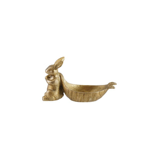 Decorative Pewter Rabbit Pulling Carrot Shaped Dish, Antique Gold Finish