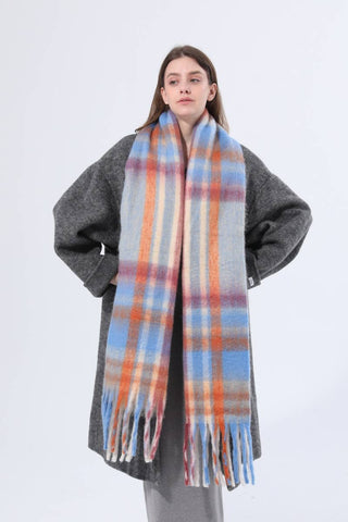 Oversized Plaid Scarf - Apricot + Blue