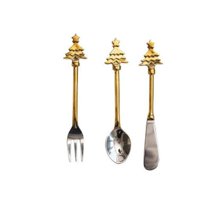 Brass & Stainless Steel Utensils w/ Christmas Tree Handles, Set of 3 in Bag